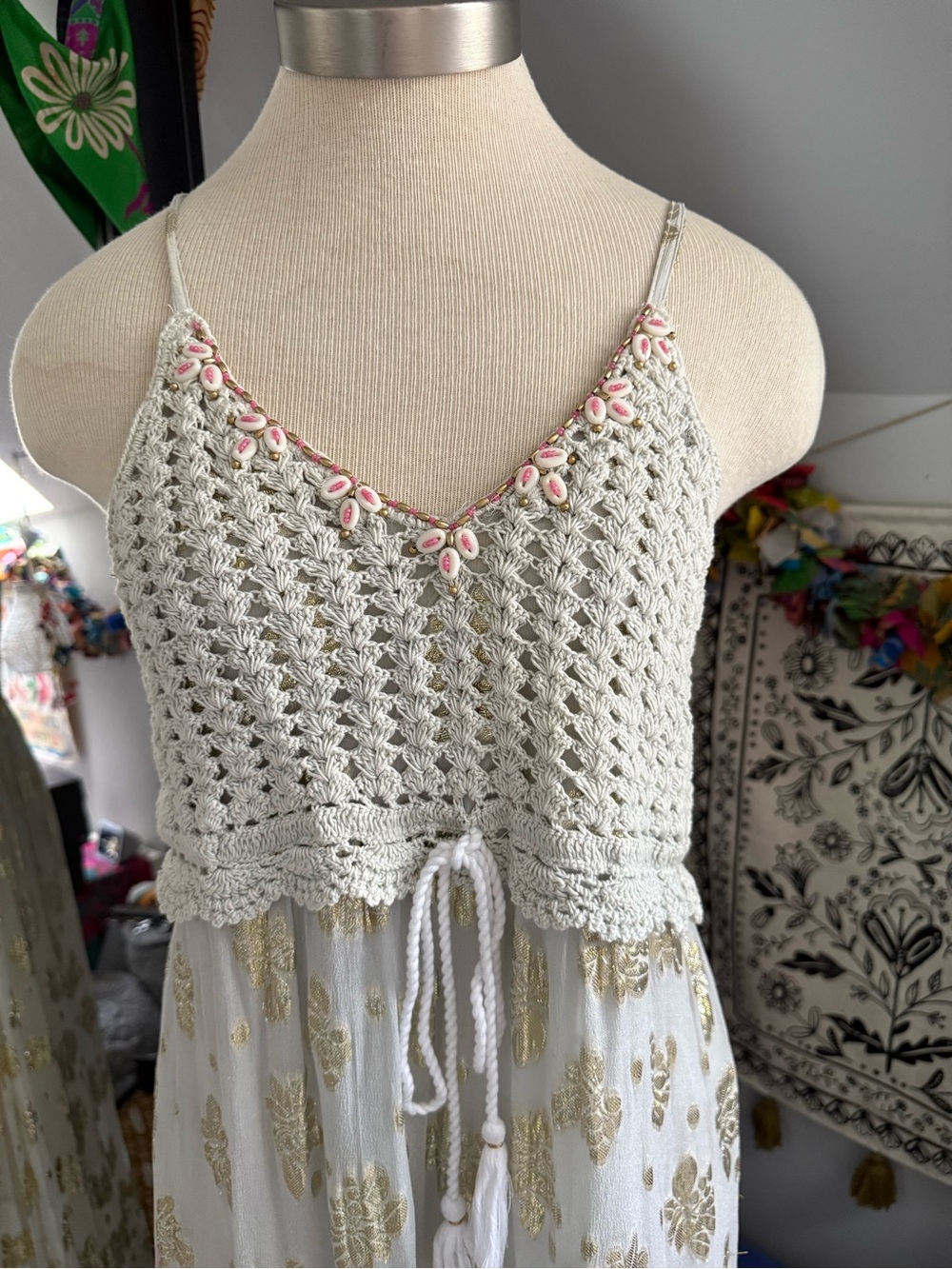 POL Bohemian Maxi Dress in Cream Crochet,Shells Beads, Mustard & Gold Metallic - Picture 2 of 10